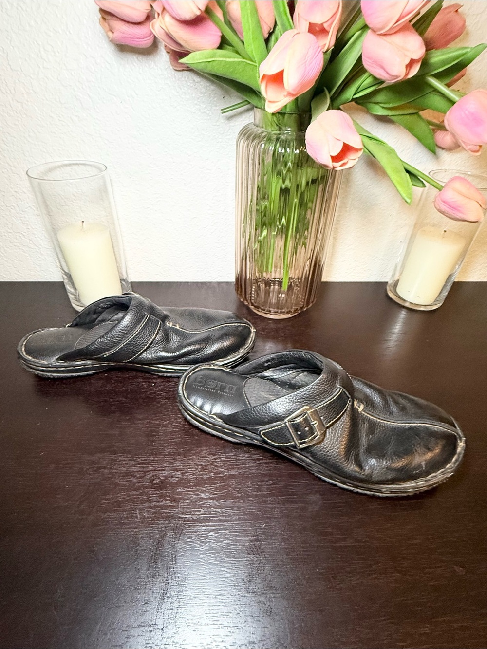 Black Leather Slip-On Mule with Buckle. Size 9